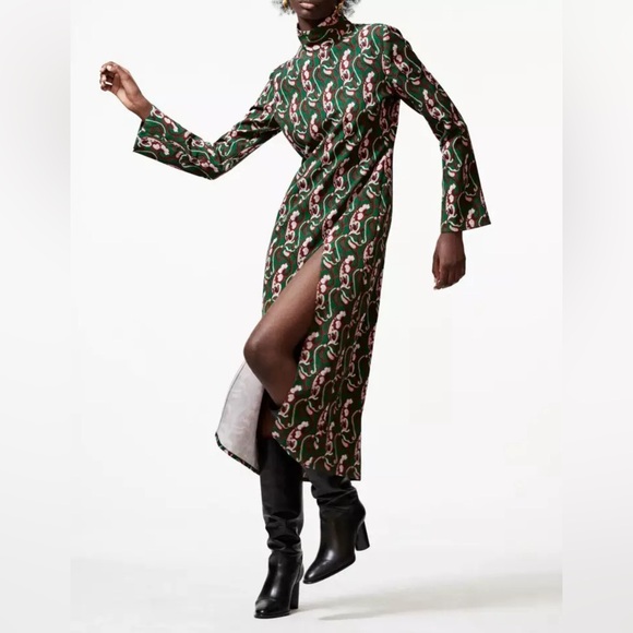 ZARA Floral Green Multicolor Print Front Slit Long Sleeves Midi Dress Sz L - Picture 2 of 16